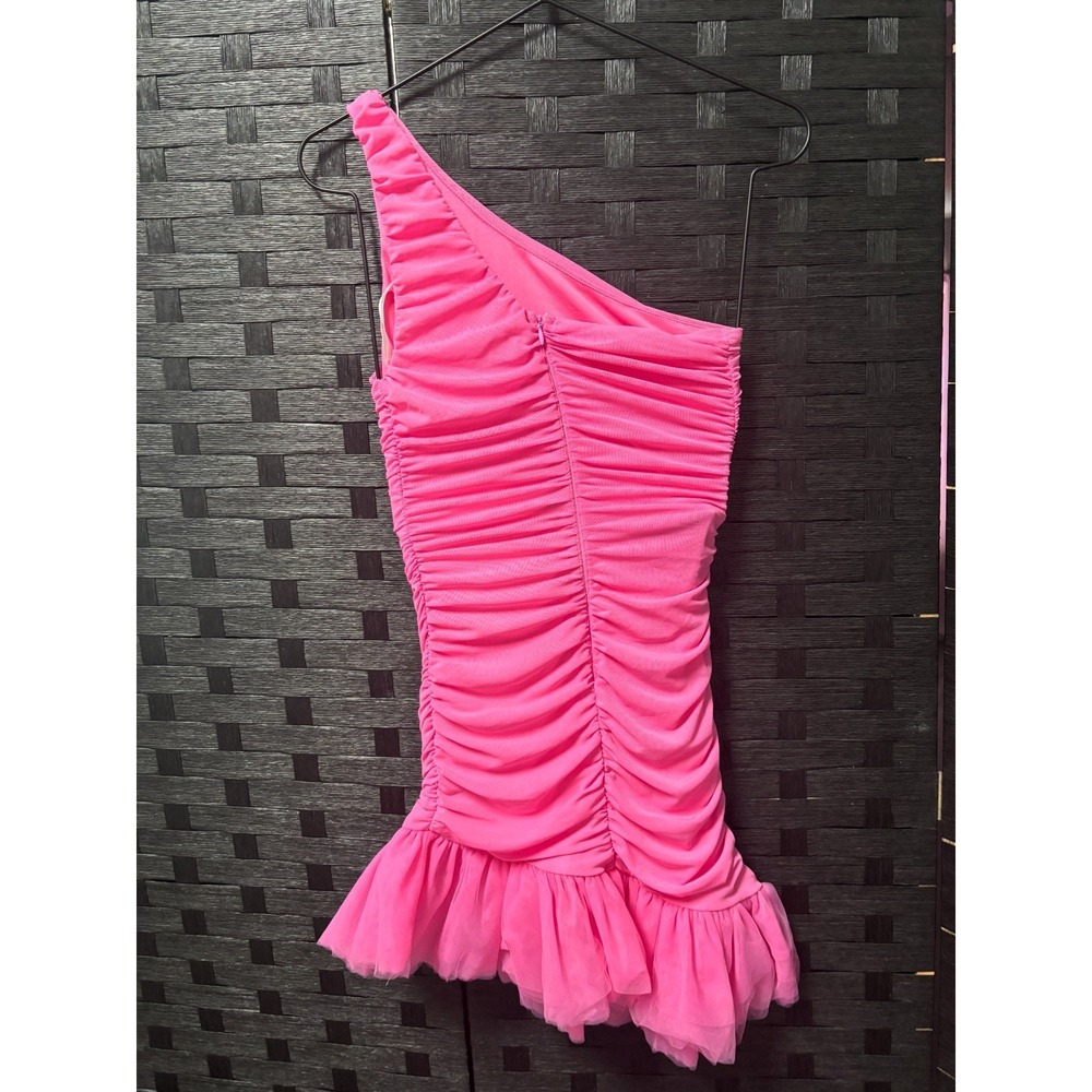 Hello Molly Womens US 2 One Shoulder Mini Dress Pink Ruched Mesh Ruffle Party
